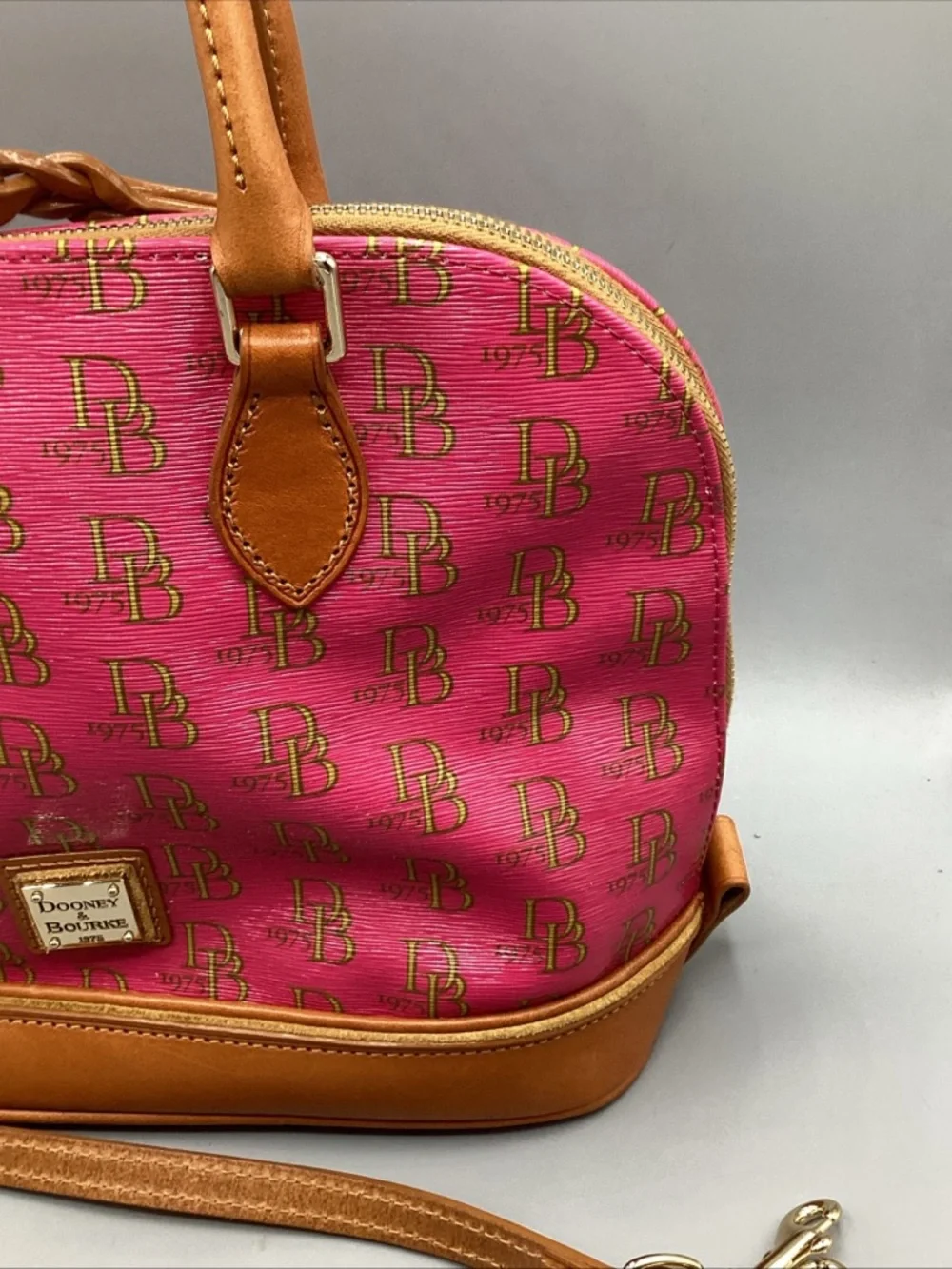 NOS Dooney & Bourke Pink Logo Satchel with Tan Leather Trim and Strap